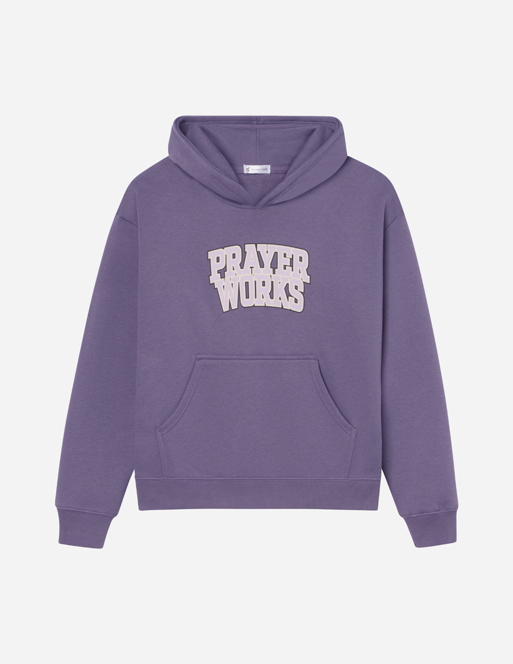Lavender unisex hoodie laid flat with drawstring hood and "Prayer Works" logo