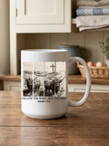 White ceramic coffee mug with black horse-and-cross graphic and scripture text