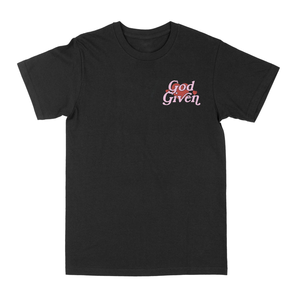 Black graphic tee with “God given” text logo on the chest