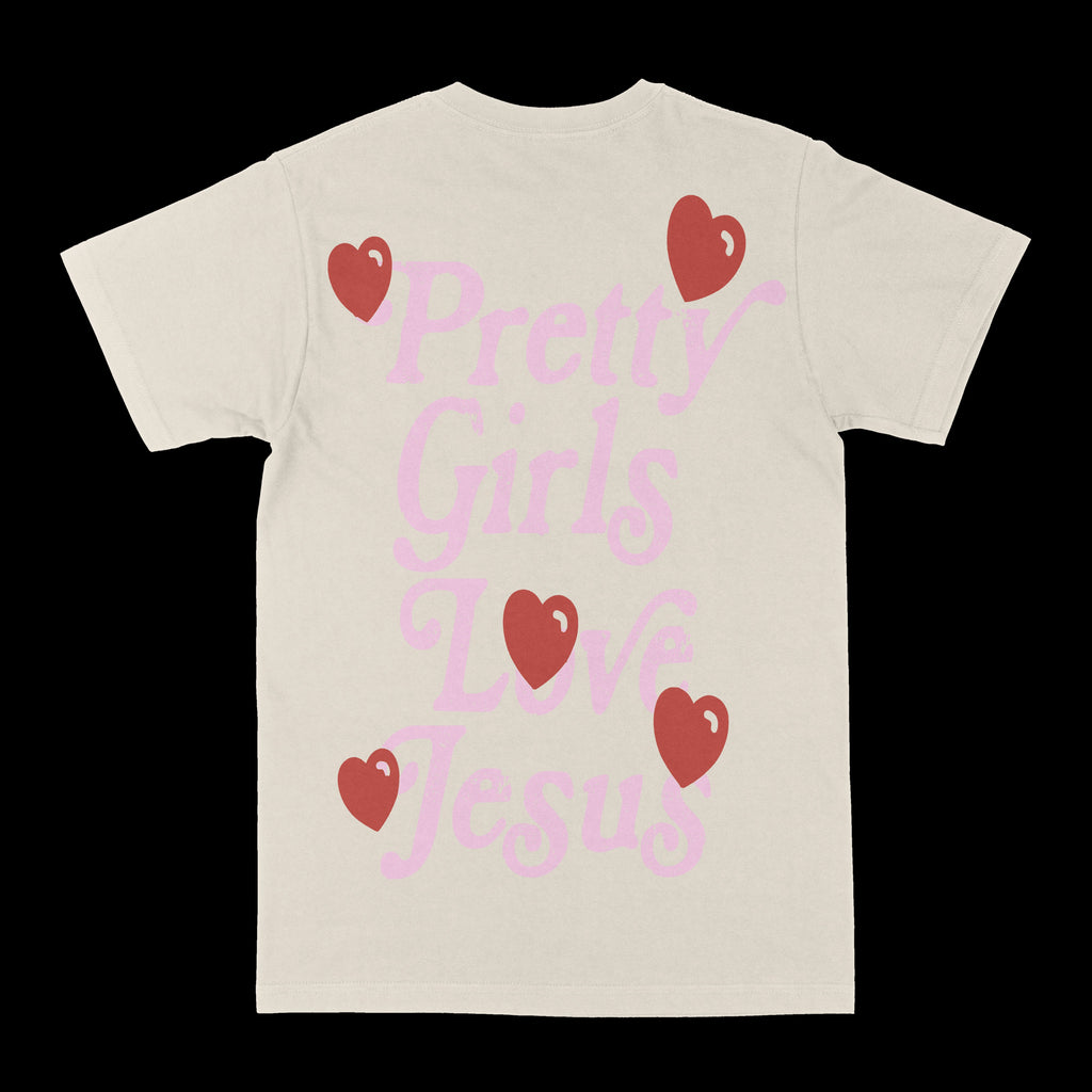 Cream graphic tee with “Pretty Girls Love Jesus” hearts text