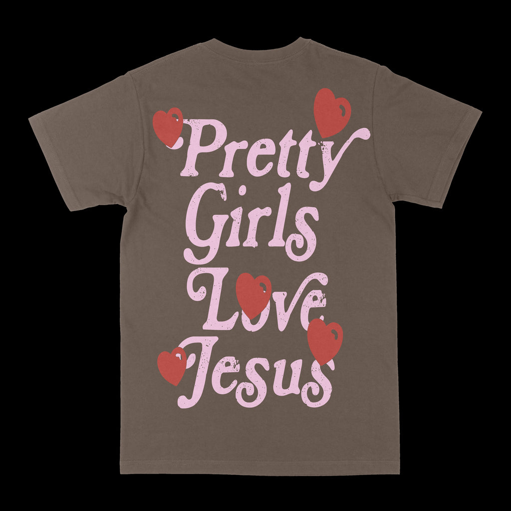 Dark gray graphic tee with “Pretty Girls Love Jesus” hearts text