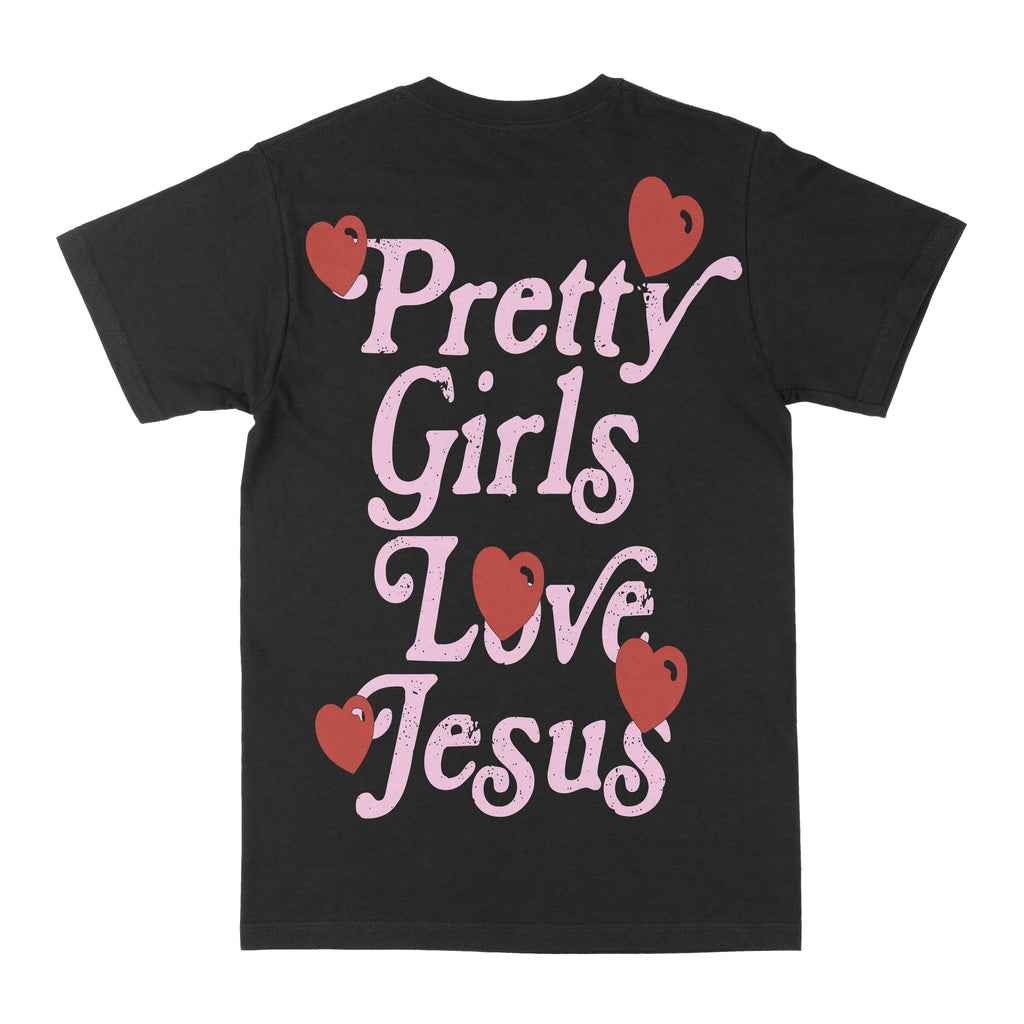 Black graphic tee with “Pretty Girls Love Jesus” hearts text