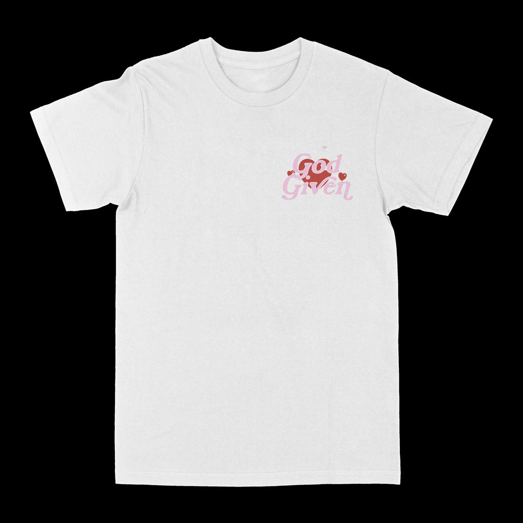 White graphic tee with small “God given” text logo