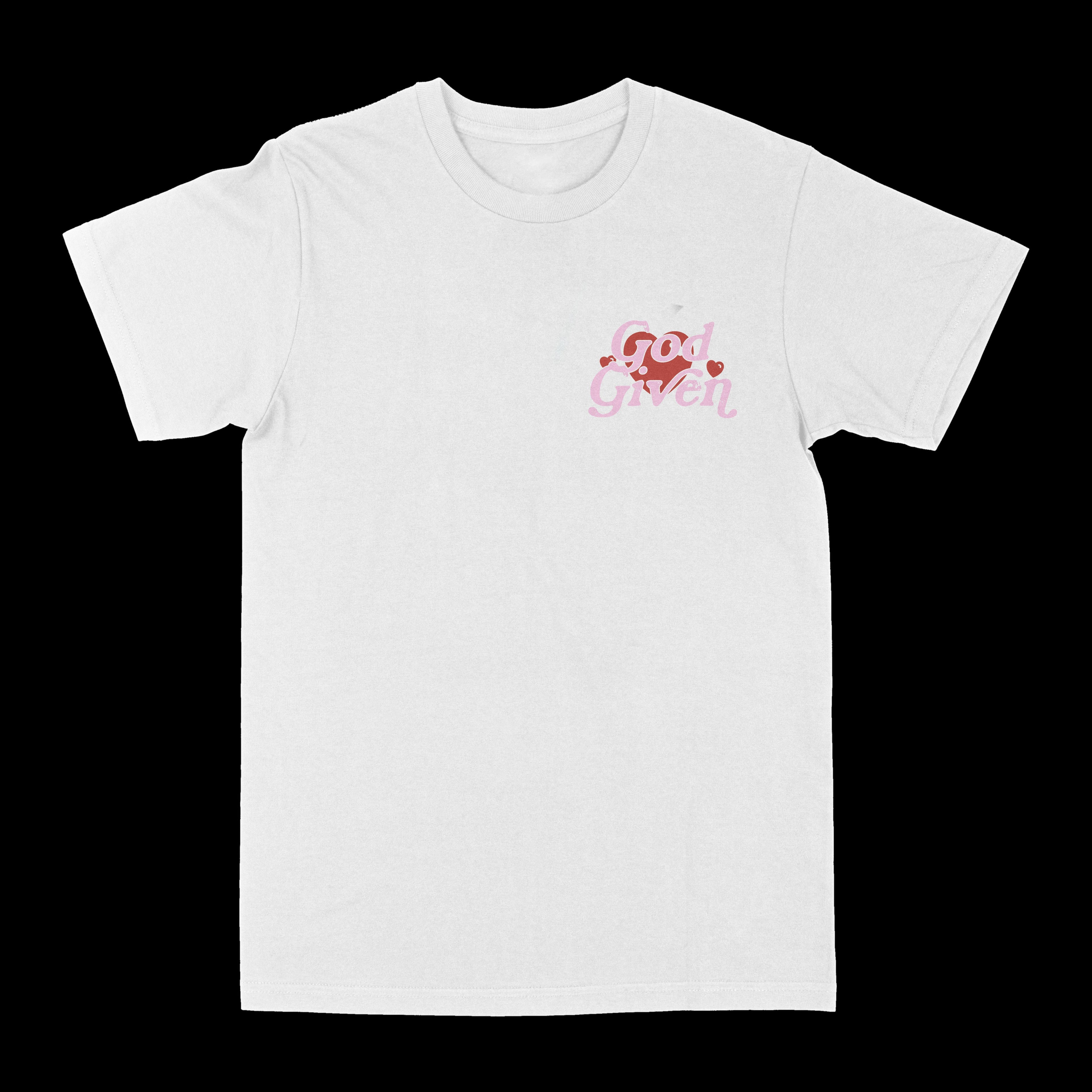 White graphic tee with small “God given” text logo