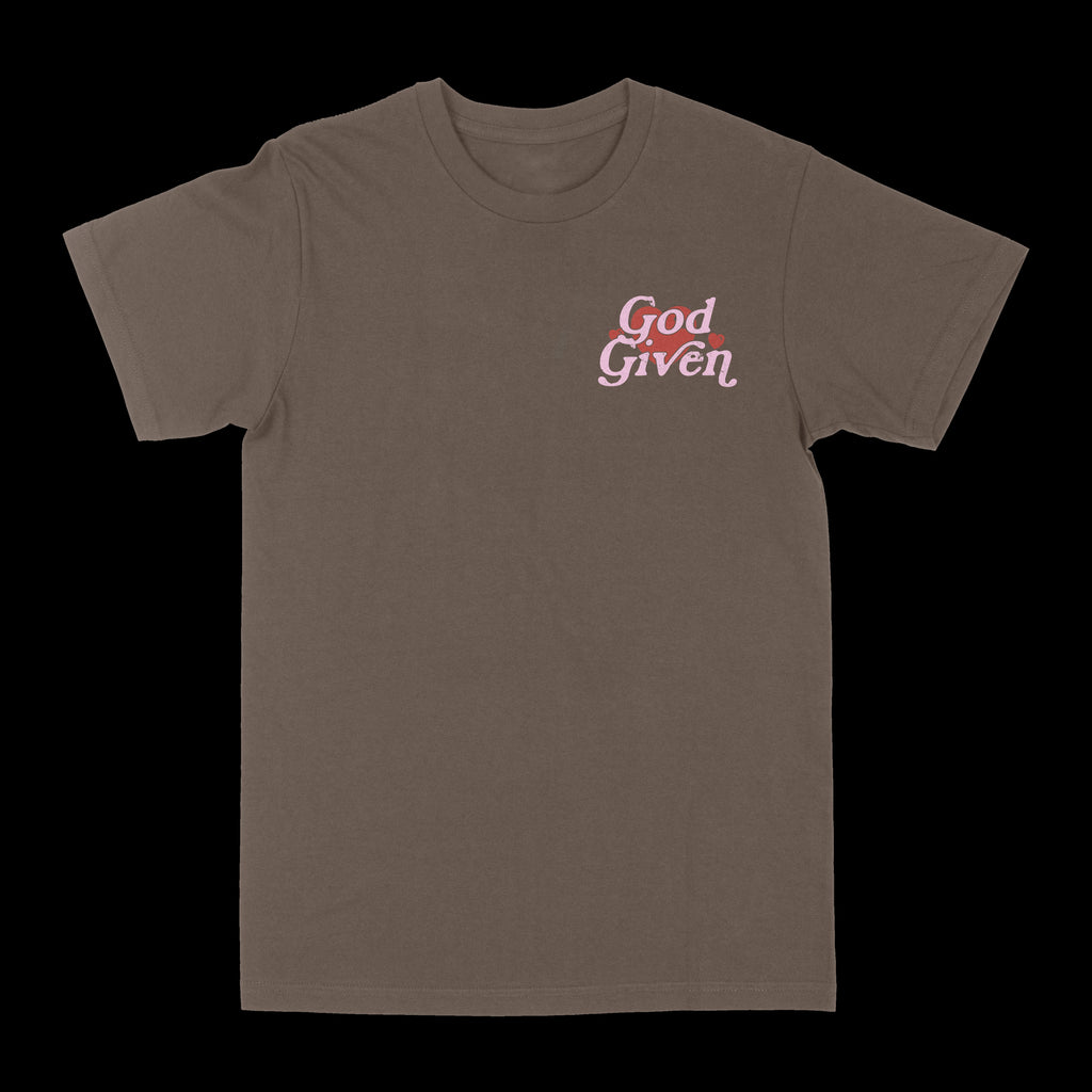Brown graphic tee with “God given” text logo on the chest