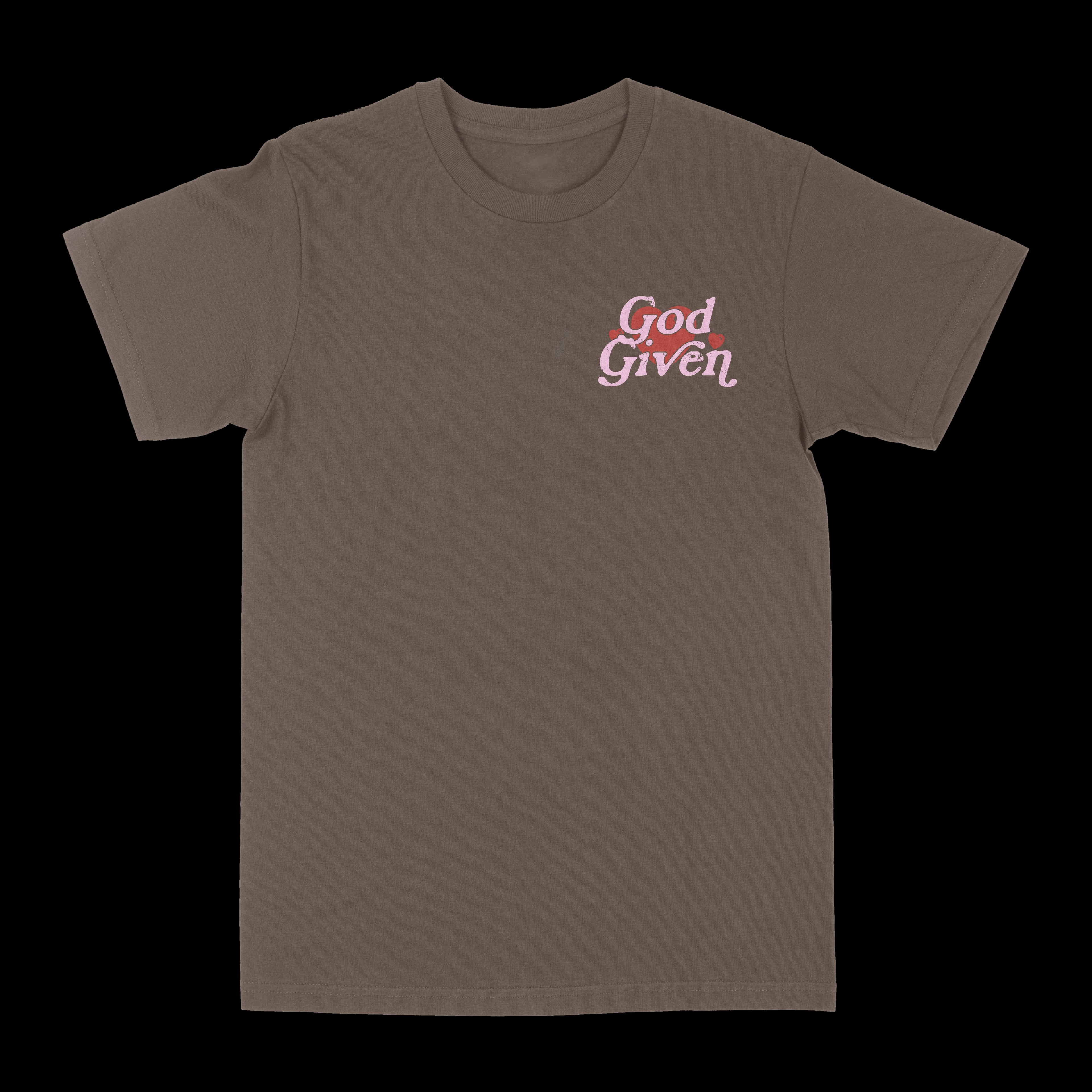 Brown graphic tee with “God given” text logo on the chest