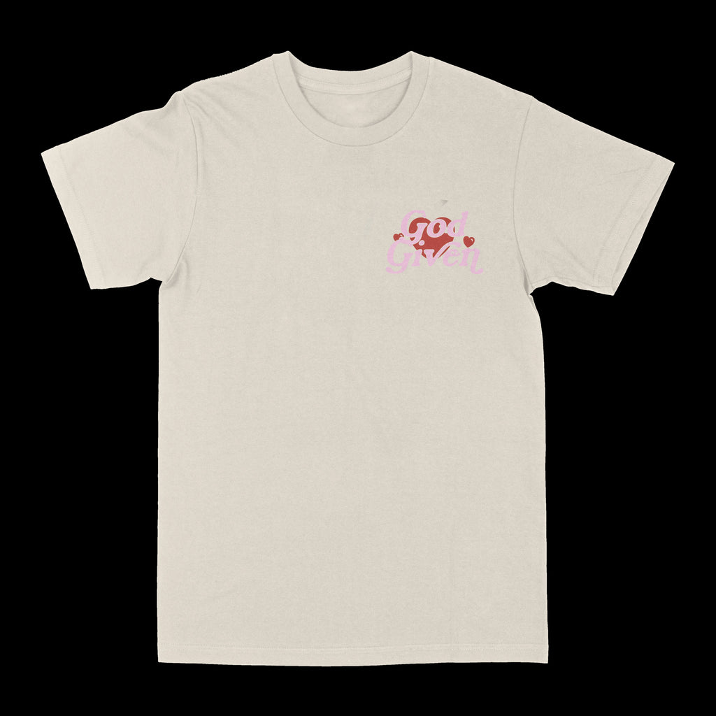 Cream graphic tee with small “God given” text logo