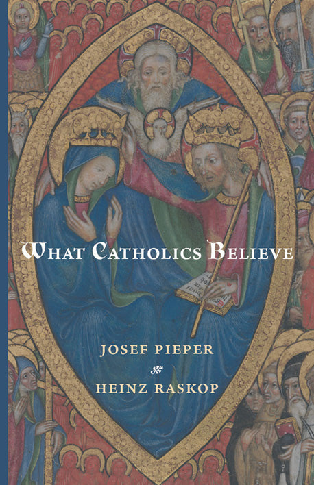 Religious book with illustrated Catholic cover, haloed figures, and gold title lettering