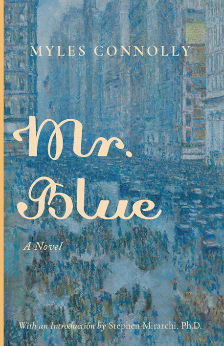 Mr. Blue novel cover with blue textured artwork and large cursive title