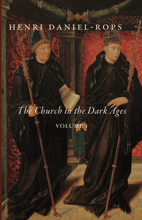 Book cover with two medieval men holding books and staffs, dark red artwork, Volume I