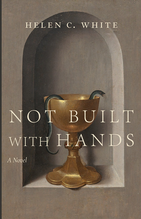 Novel book cover featuring gold chalice and "Not Built with Hands" title