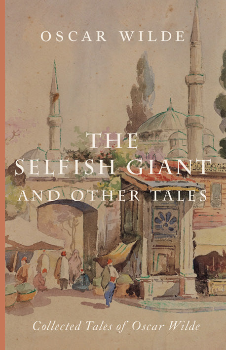Fairy tale collection book cover with illustrated city and title by Oscar Wilde