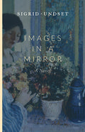 Novel book cover with blue floral scene, woman holding flowers and illustrated figures