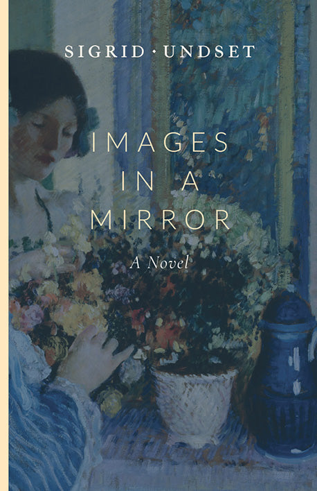 Novel book cover with blue floral scene, woman holding flowers and illustrated figures