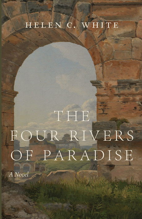 Novel book cover with arched landscape illustration and title lettering
