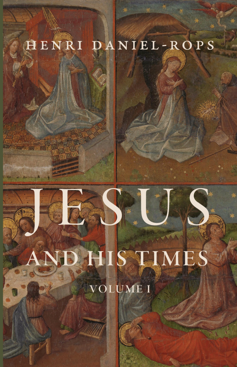 Religious history book cover, colorful scene and large typographic title, Volume I.