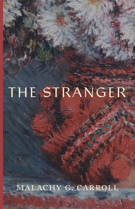 Novel book cover with abstract red, blue, and gray artwork; white title lettering