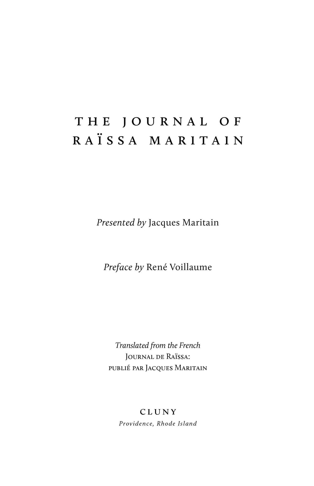Book title page: The Journal of Raïssa Maritain, presented by Jacques Maritain