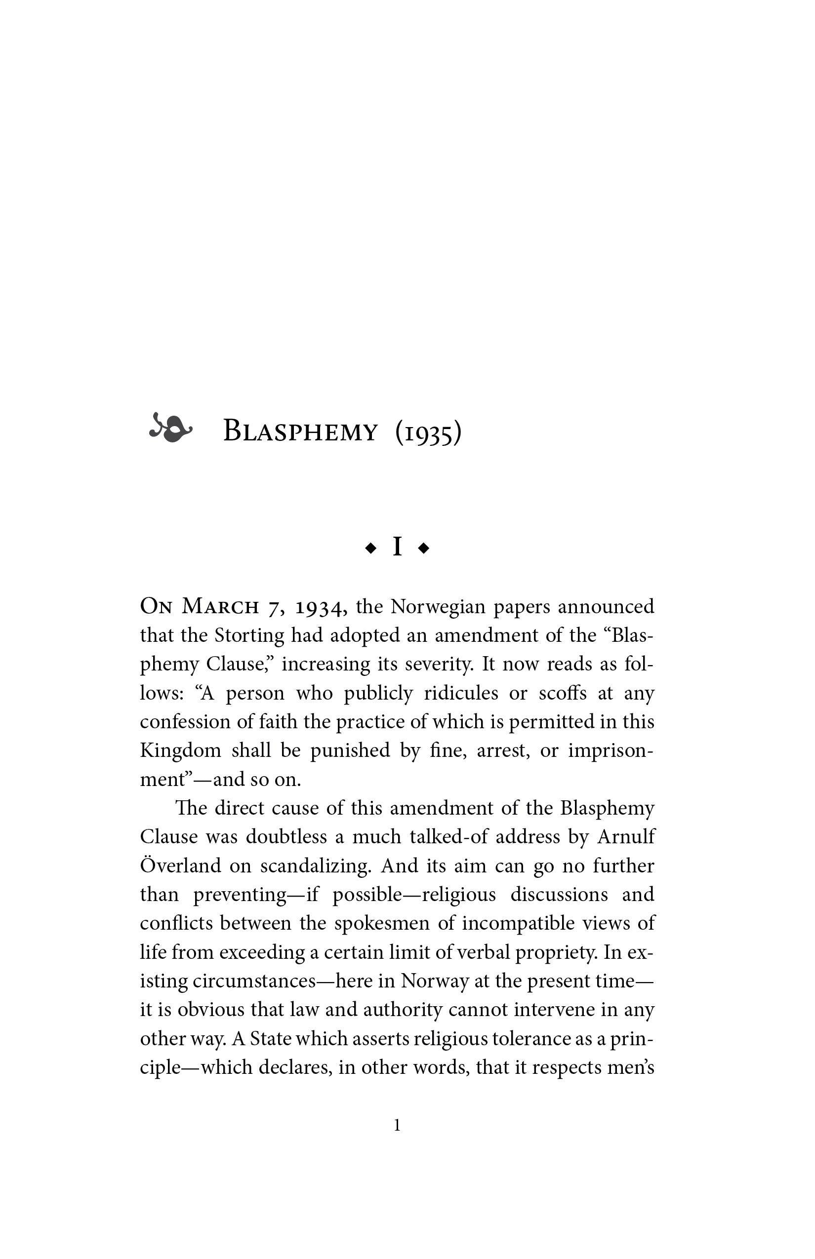 Book page with heading “BLASPHEMY” (1935) and printed article text