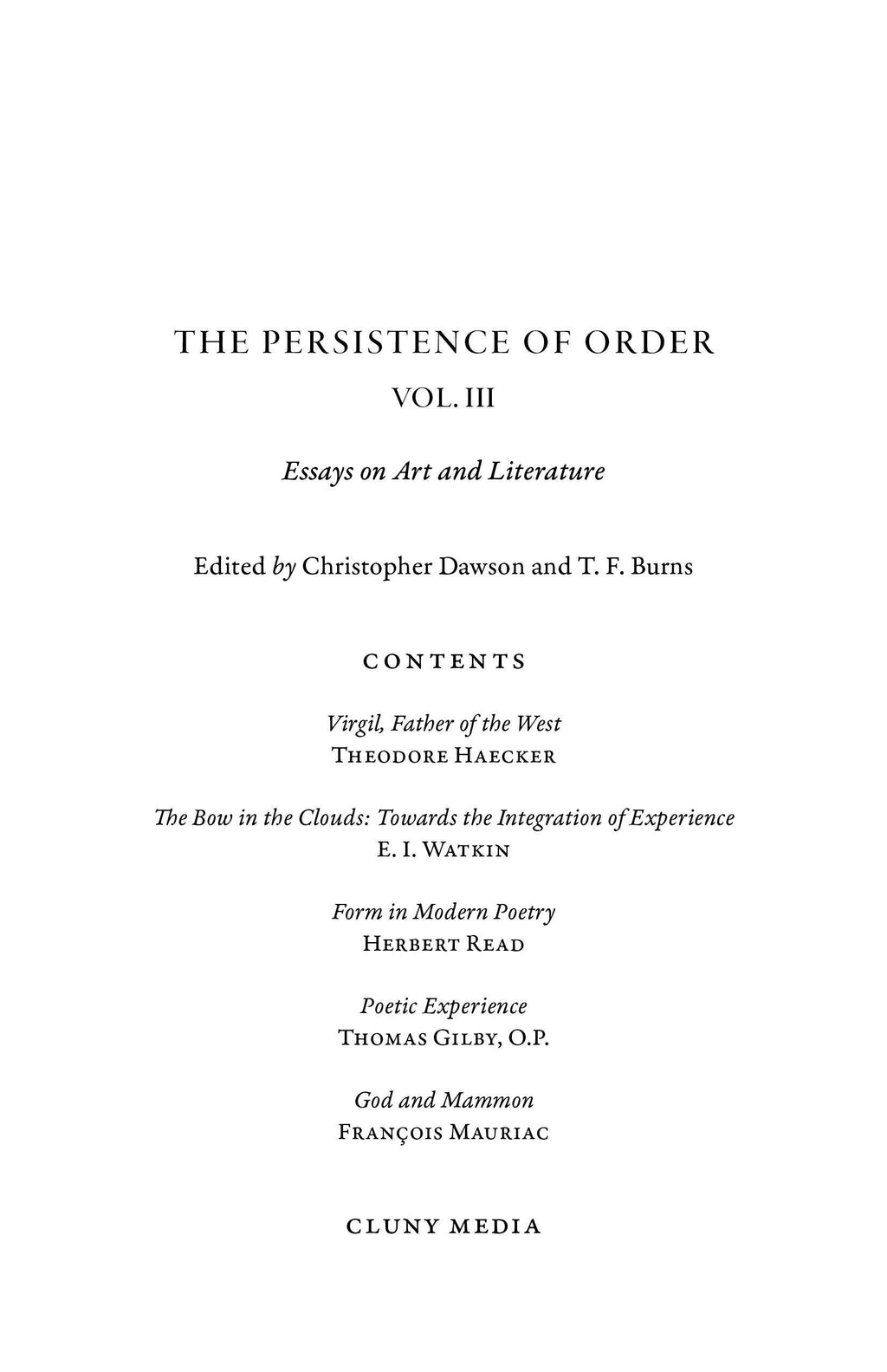 Contents page of The Persistence of Order Vol. III with section titles