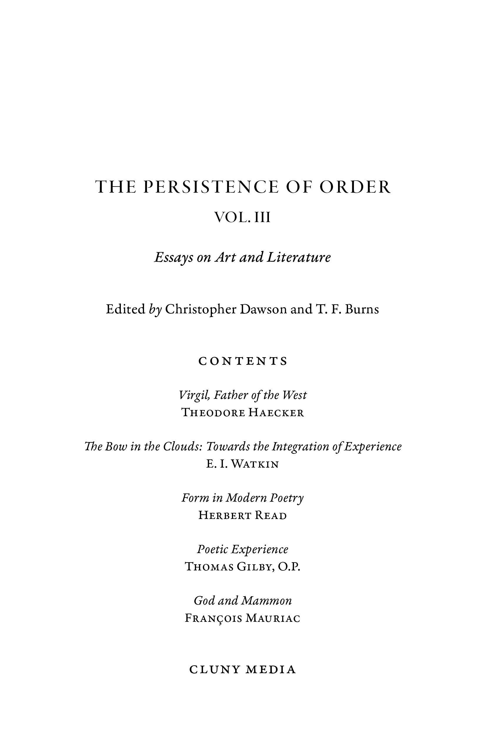 Contents page of The Persistence of Order Vol. III with section titles