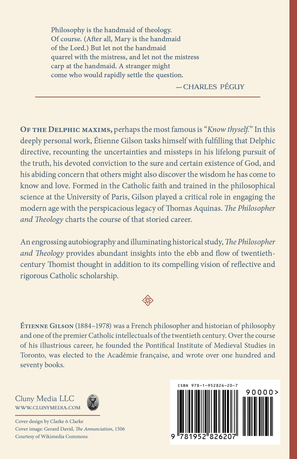 Back cover of philosophy and theology book with quotes, synopsis, barcode