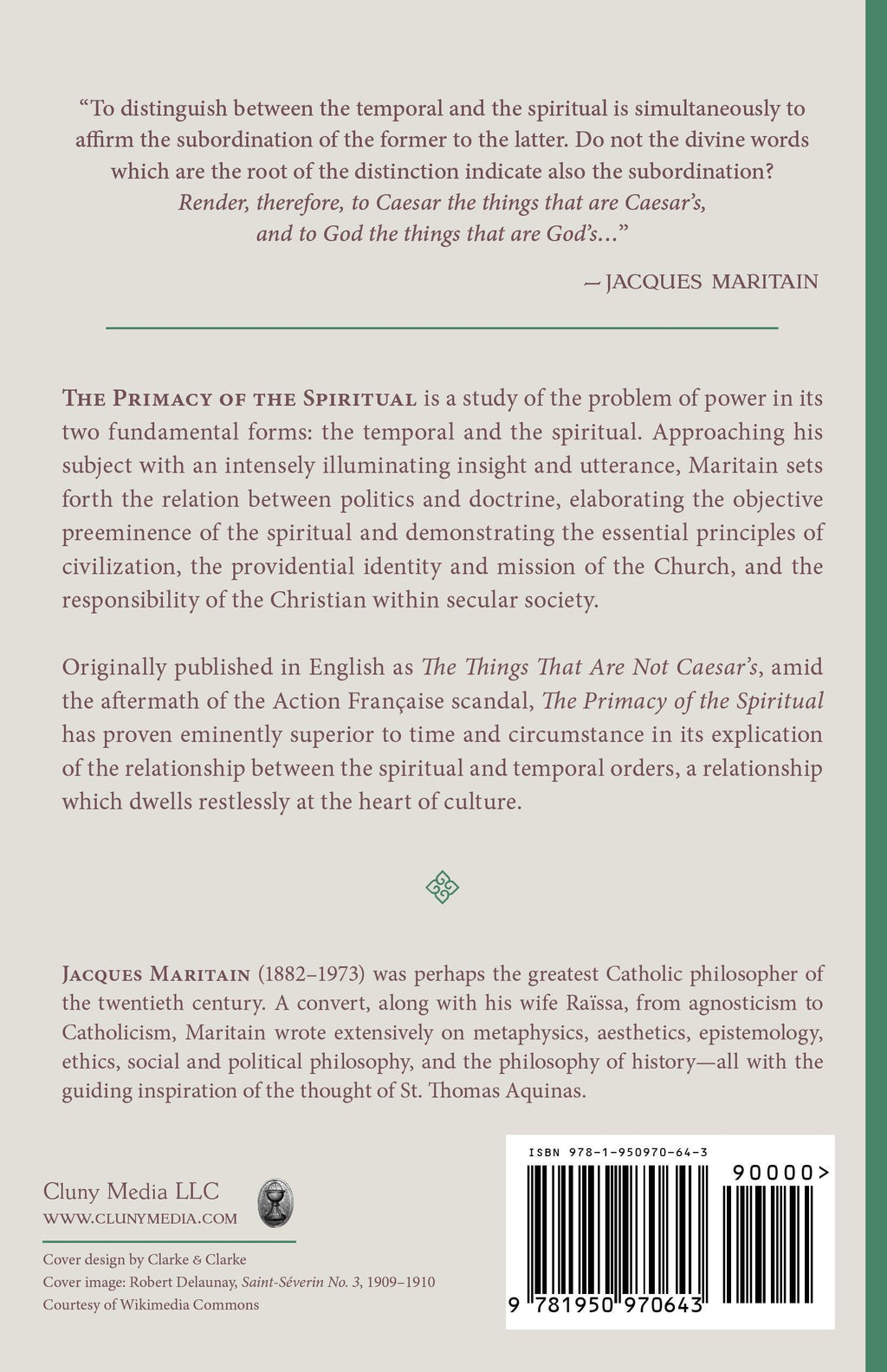 Book back page with excerpt text and barcode, Jacques Maritain