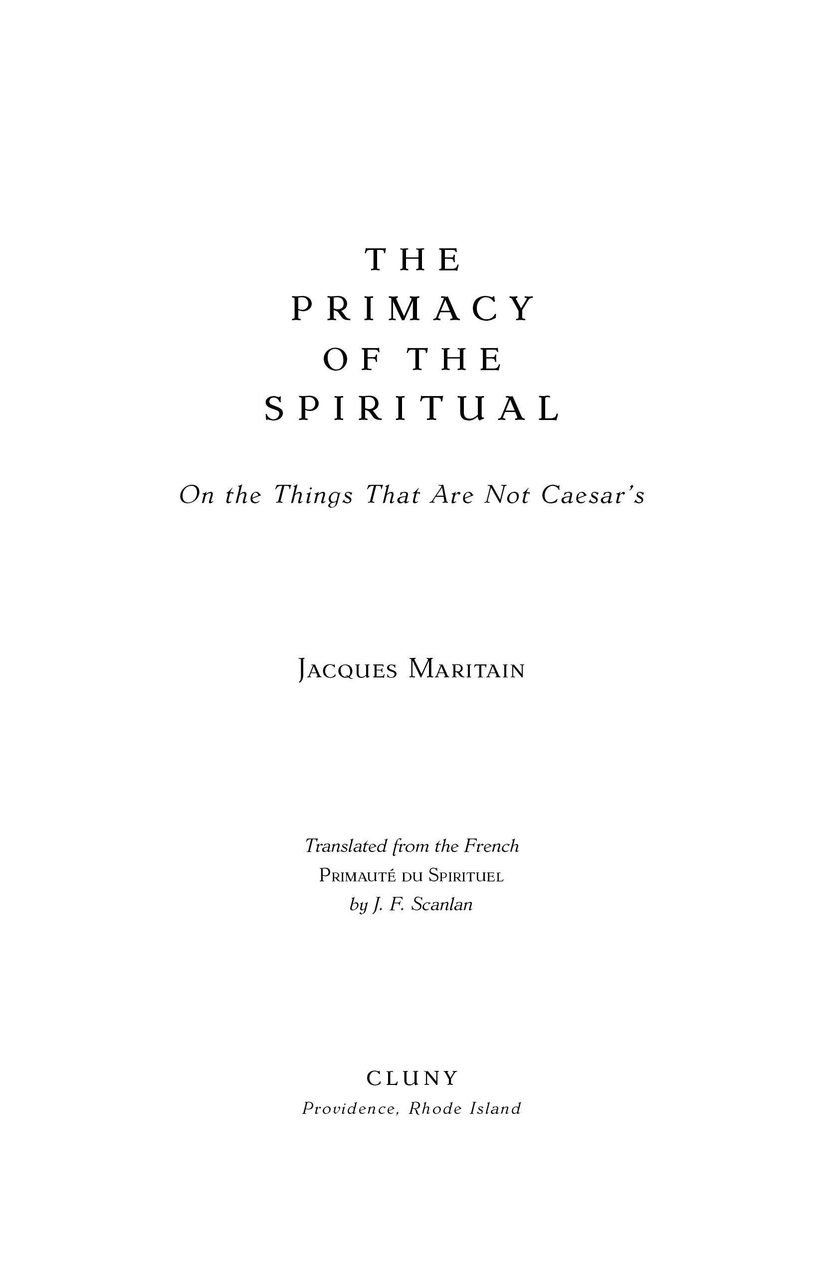Book title page with spiritual primacy text and author Jacques Maritain