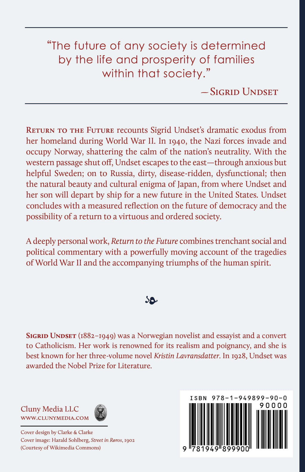 Book back cover page with quote, synopsis text, publisher info, and barcode