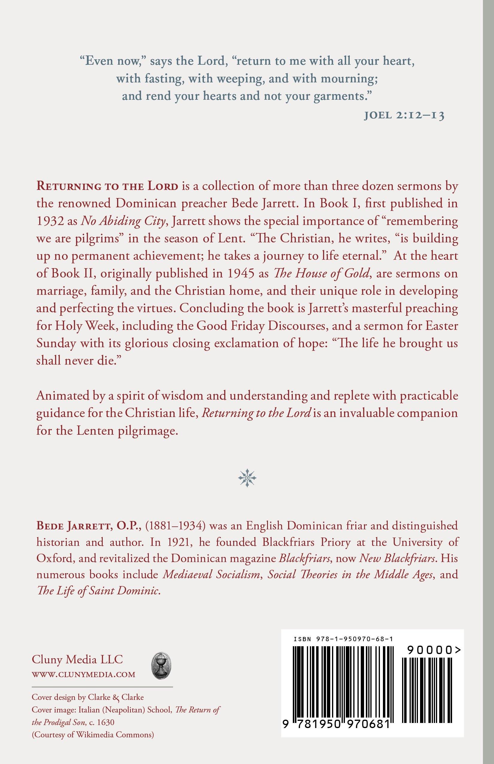 Returning to the Lord book back cover with synopsis and barcode