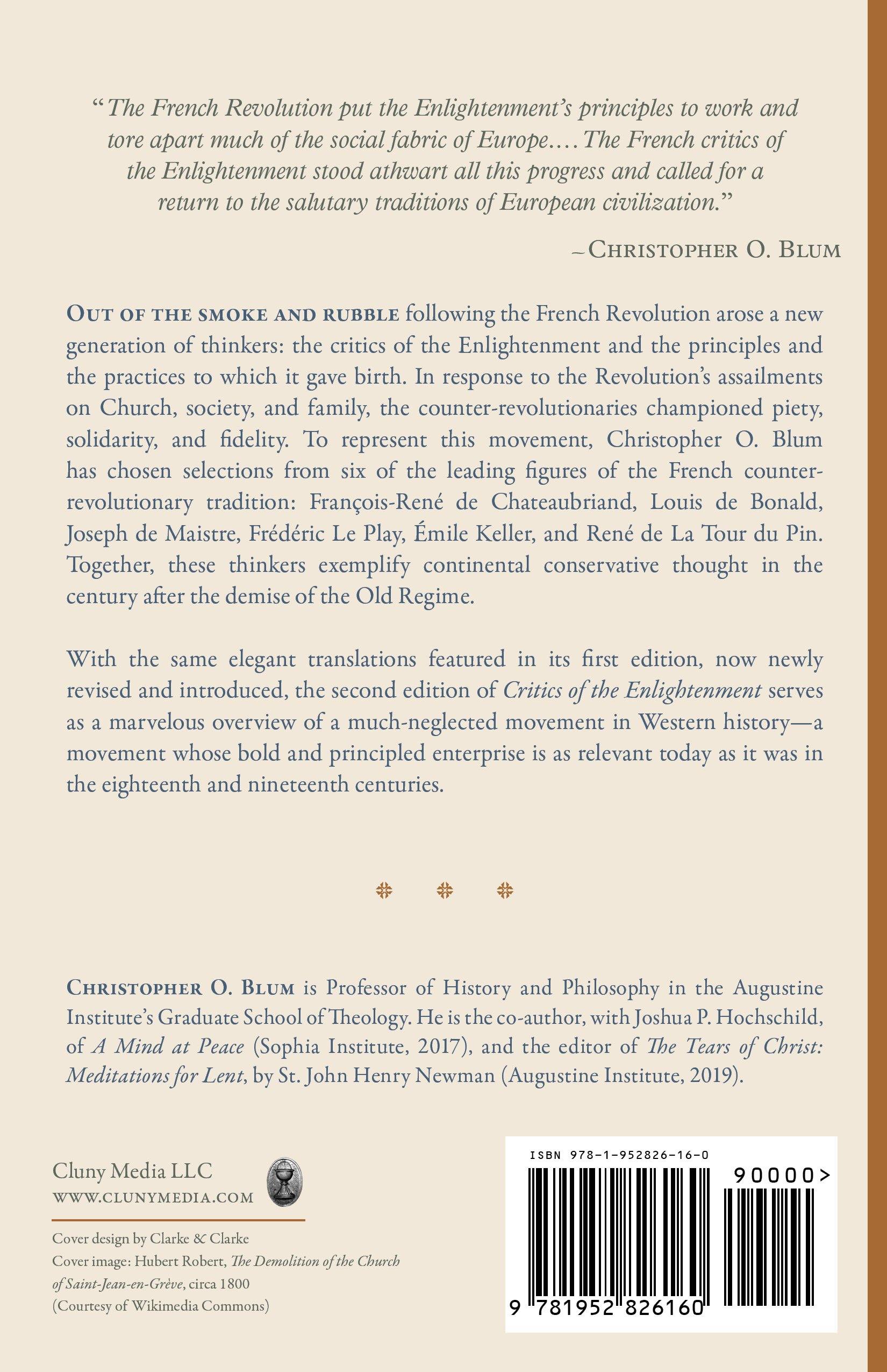 Back cover for “Critics of the Enlightenment” with barcode and publisher text