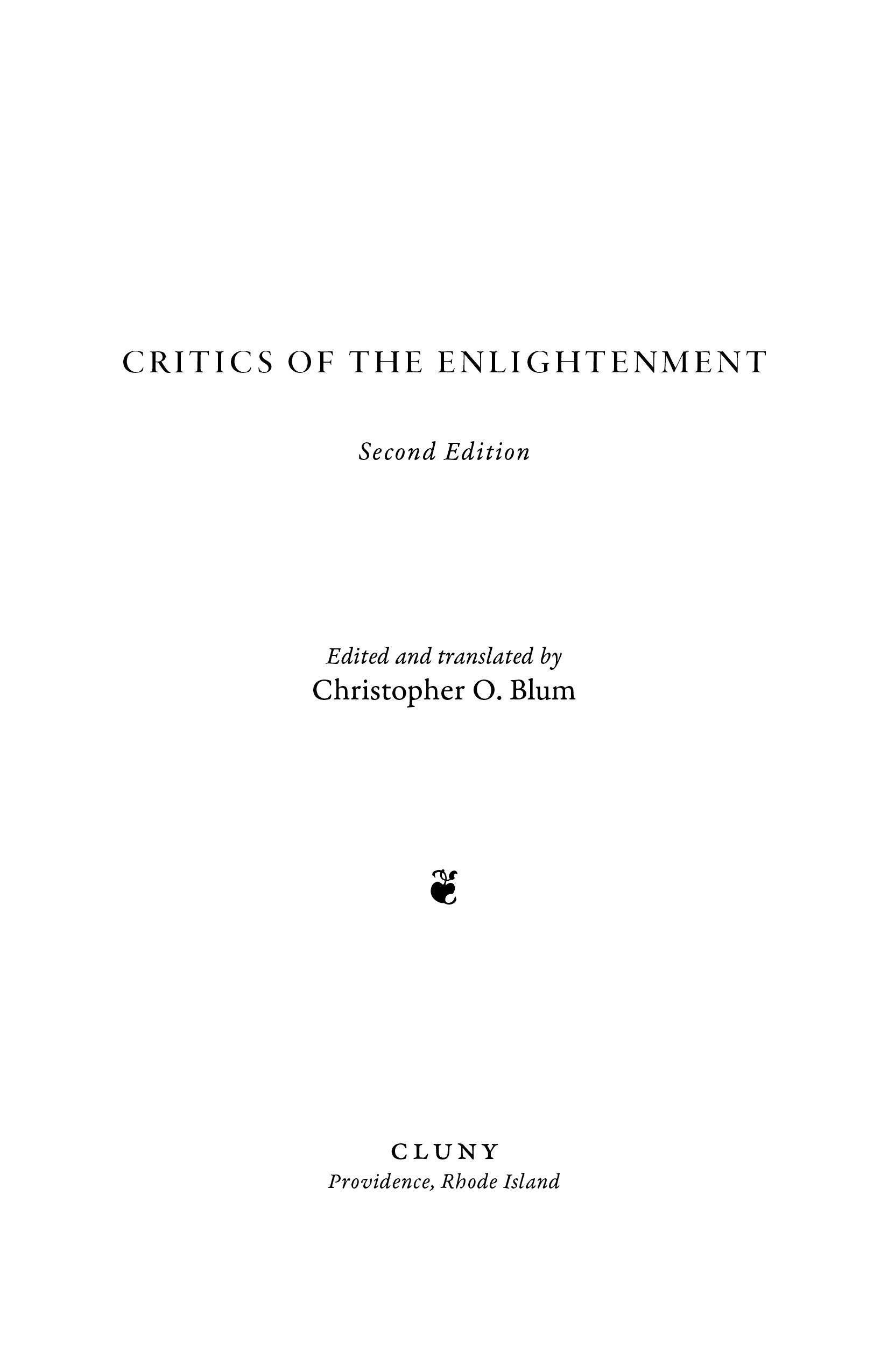 Title page for “Critics of the Enlightenment” Second Edition, edited by Christopher O. Blum