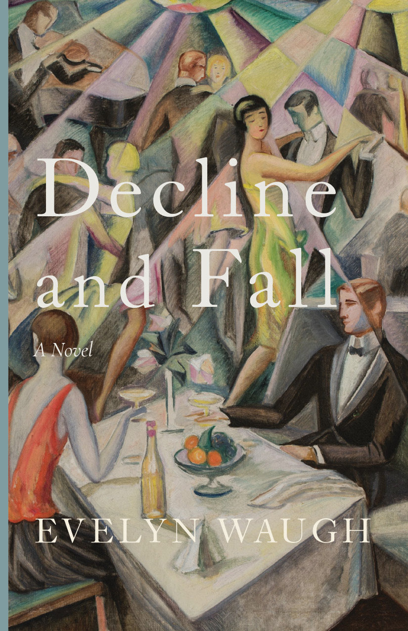 Decline and Fall book cover with illustrated scene, title, and Evelyn Waugh