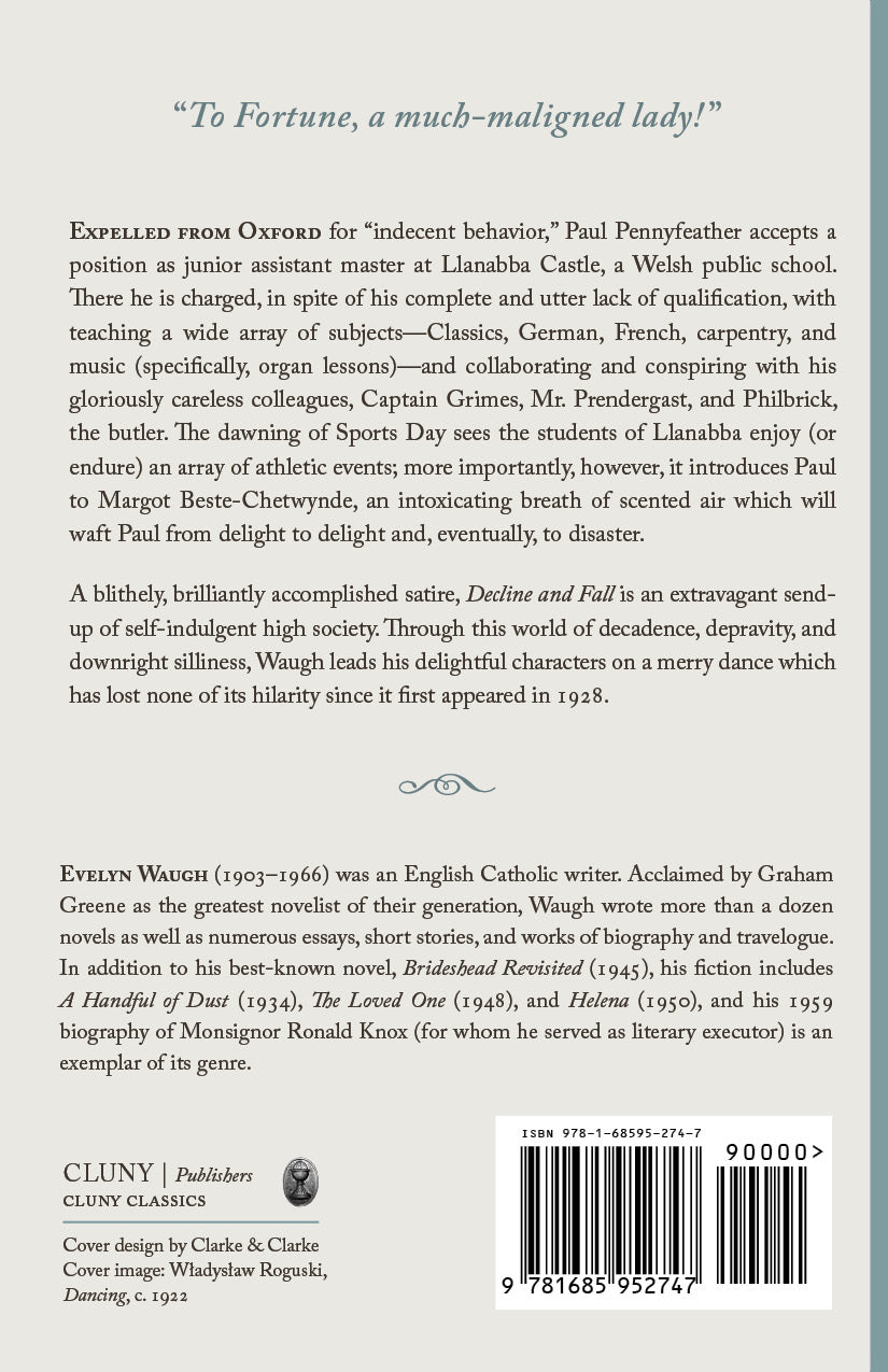 Decline and Fall book back cover with quotes, author text, and barcode