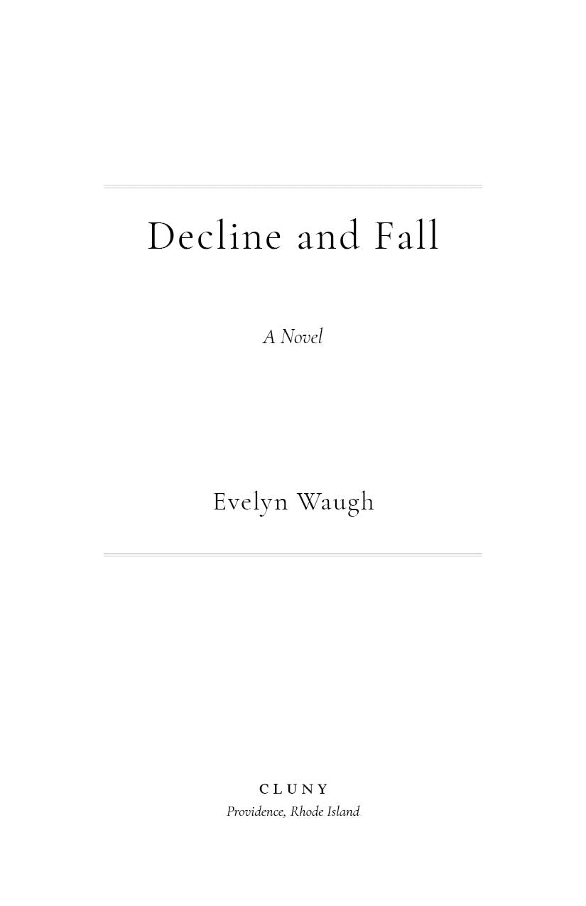 Decline and Fall title page with 'A Novel' and Evelyn Waugh