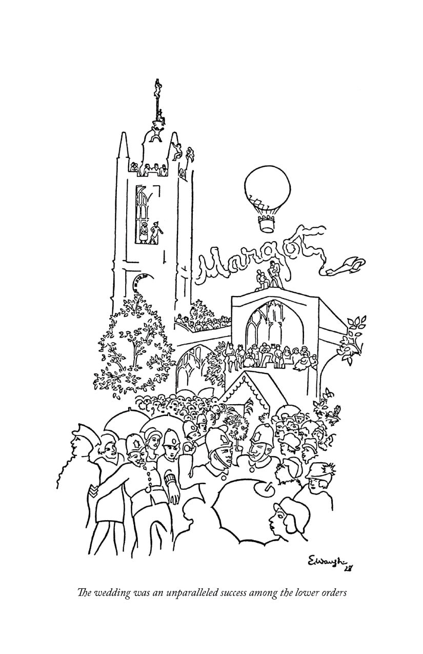 Decline and Fall interior page with line drawing of wedding crowd