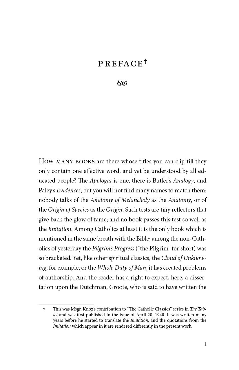 Preface page from The Imitation of Christ with printed paragraph text