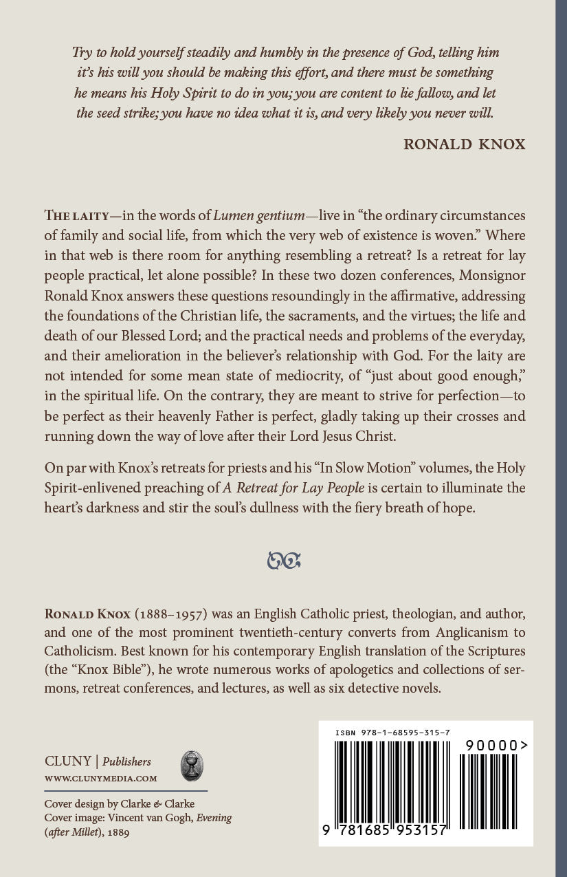 Religious book back cover with synopsis, Ronald Knox name, and barcode
