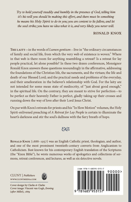Religious book back cover with synopsis, Ronald Knox name, and barcode
