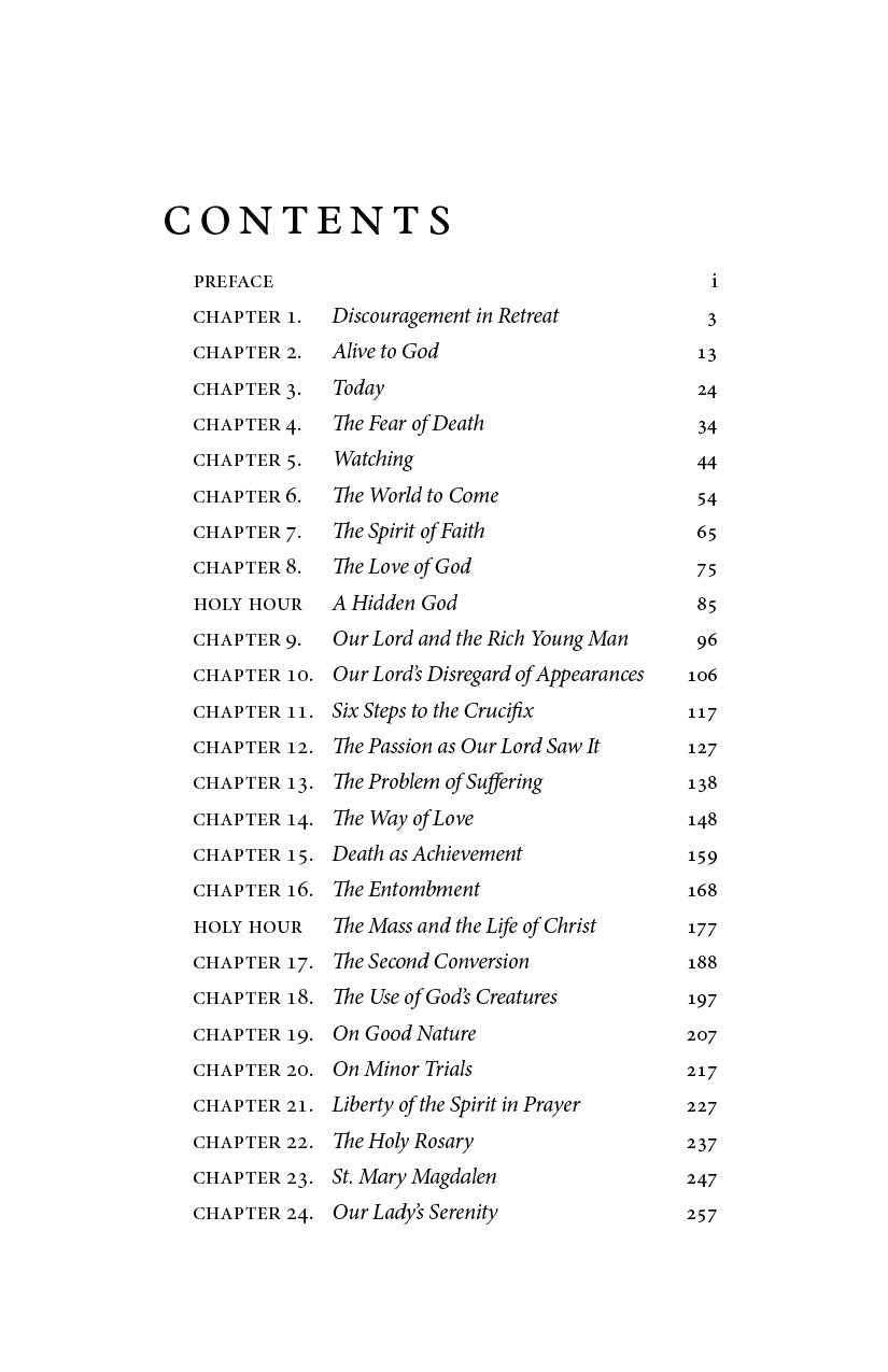 Religious book contents page with chapter list and headings