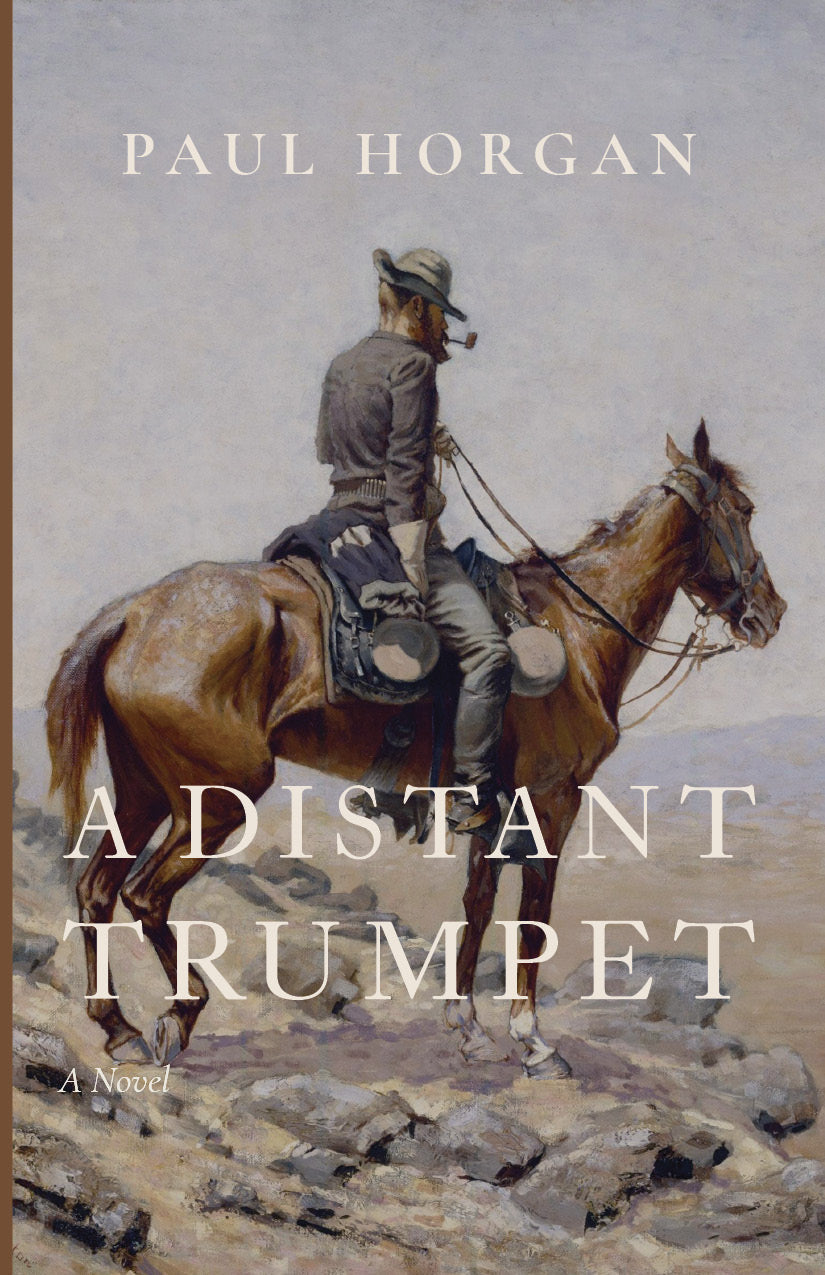 Novel book cover with soldier on horseback and title A Distant Trumpet by Paul Horgan