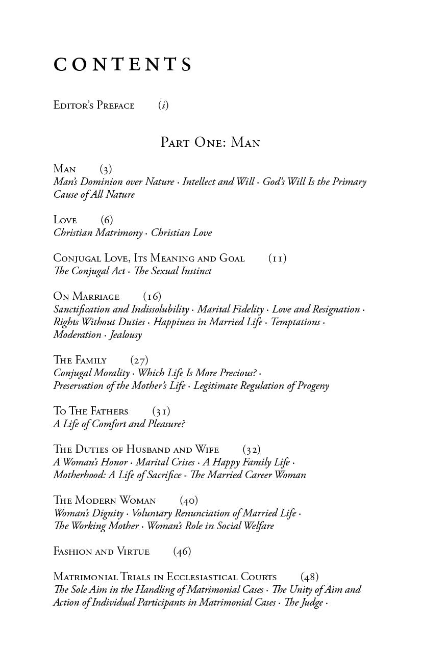 Book contents page with section titles, subsections, and page numbers