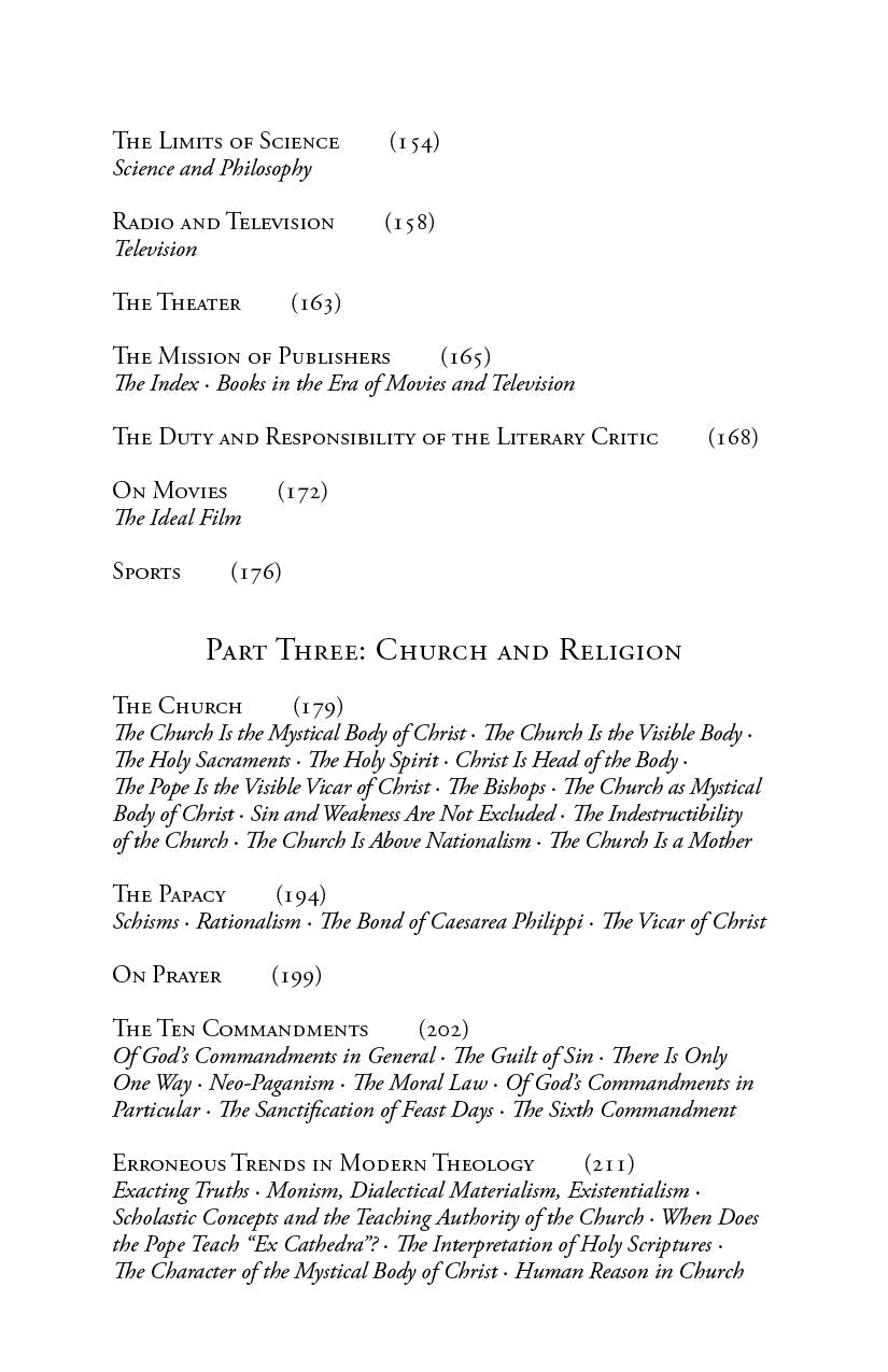 Book contents page with chapter titles for science, media, and church-related topics