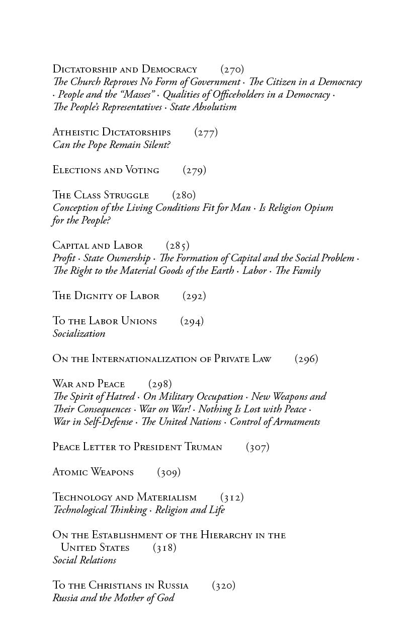 Book contents page with chapter headings on politics, labor, and peace, with page numbers