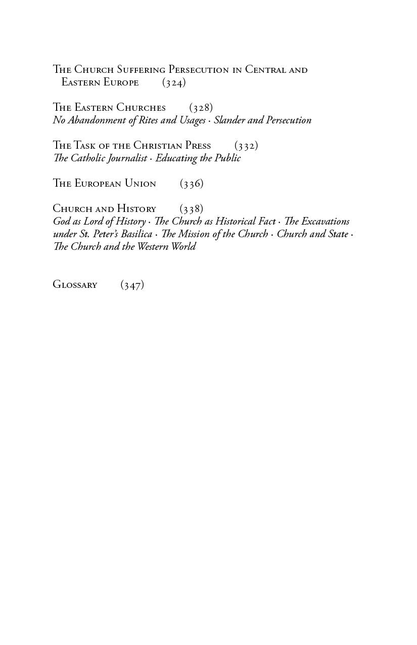 Book contents page with headings on persecution, Europe, and a glossary section