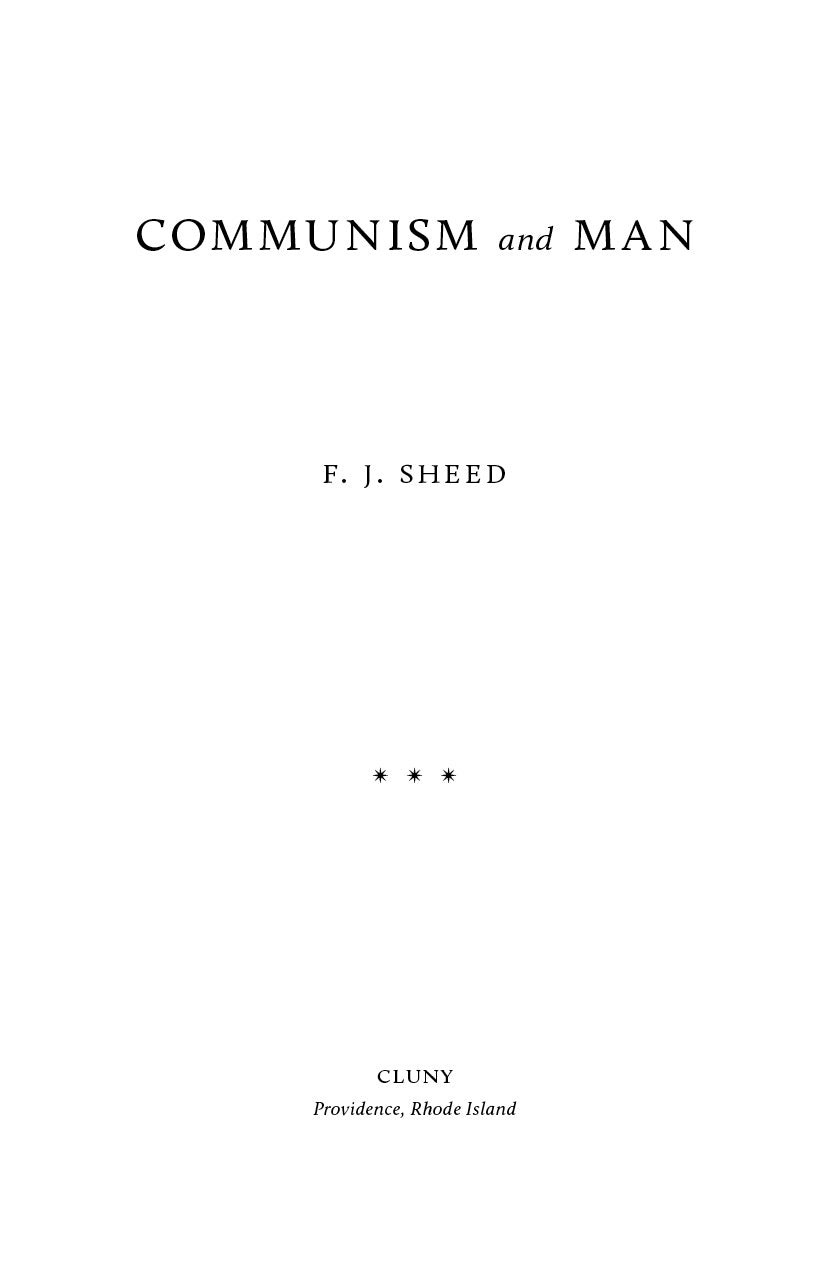 Title page with 'Communism and Man' and author F. J. Sheed centered
