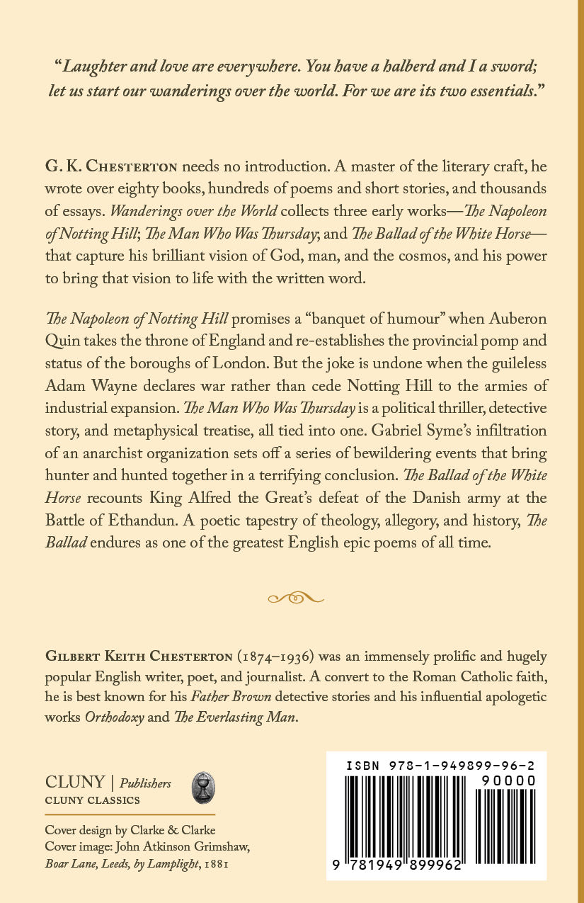 Back cover of book by G.K. Chesterton with summary text and barcode