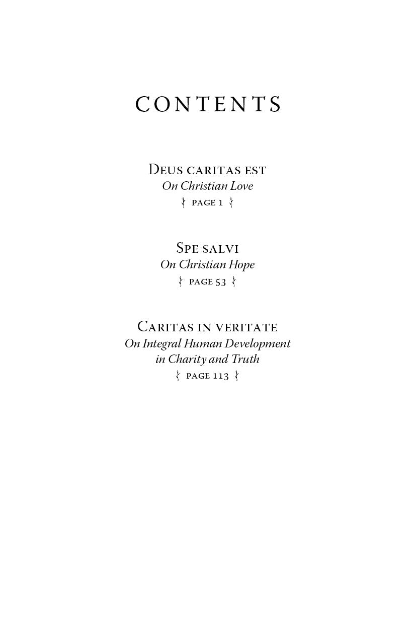 Encyclical letters contents page: Deus caritas est, Spe salvi, Caritas in veritate