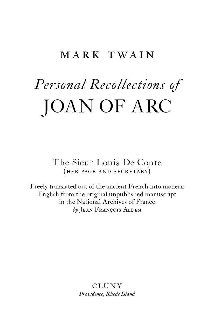 Book title page: Personal Recollections of JOAN OF ARC by Mark Twain, Cluny