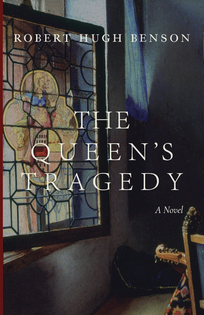 Novel book cover: The Queen's Tragedy with stained-glass artwork and title text